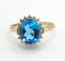 Load image into Gallery viewer, 1650: Vintage: 9ct Gold Swiss Blue Topaz 18 Diamonds Cluster Ring- sparkling beauty
