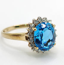 Load image into Gallery viewer, 1650: Vintage: 9ct Gold Swiss Blue Topaz 18 Diamonds Cluster Ring- sparkling beauty
