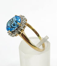Load image into Gallery viewer, 1650: Vintage: 9ct Gold Swiss Blue Topaz 18 Diamonds Cluster Ring- sparkling beauty
