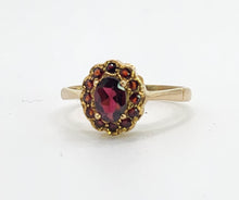 Load image into Gallery viewer, 1658: Vintage: 9ct Gold Red Garnets Floral Cluster Ring- petite and pre-1975
