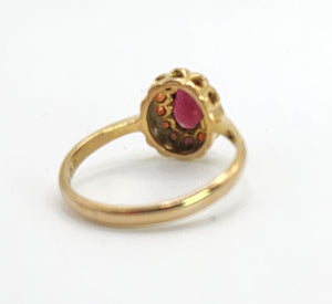 1658: Vintage: 9ct Gold Red Garnets Floral Cluster Ring- petite and pre-1975
