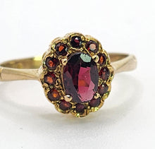 Load image into Gallery viewer, 1658: Vintage: 9ct Gold Red Garnets Floral Cluster Ring- petite and pre-1975
