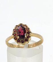 Load image into Gallery viewer, 1658: Vintage: 9ct Gold Red Garnets Floral Cluster Ring- petite and pre-1975
