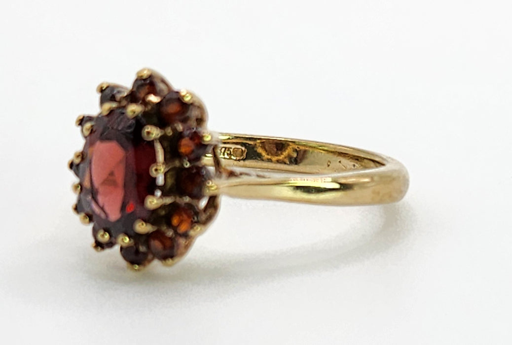 Vintage: 9ct Yellow Gold Almandine Garnet Flowerhead Cluster Ring