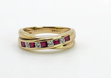 Load image into Gallery viewer, 1663: Vintage: 9ct Gold Rubies Diamonds Crossover Ring- classic design.
