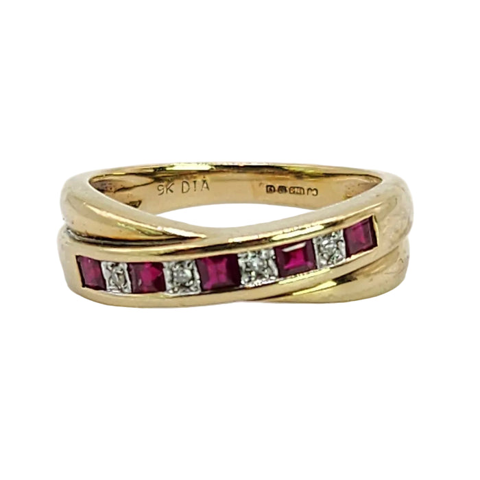 Vintage: 9ct Yellow Gold Ruby & Diamond Crossover Ring