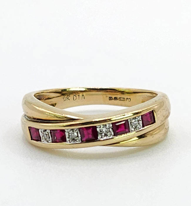 Vintage: 9ct Yellow Gold Ruby & Diamond Crossover Ring