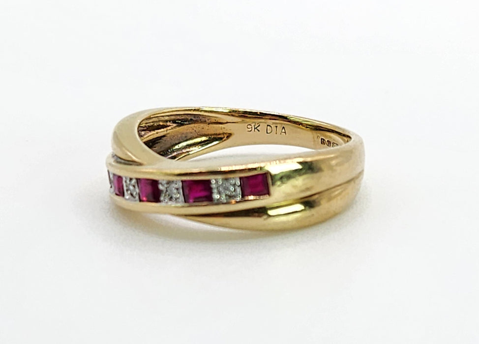 Vintage: 9ct Yellow Gold Ruby & Diamond Crossover Ring