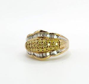 1695: Vintage: 9ct Gold Yellow & White Diamonds Cocktail Ring