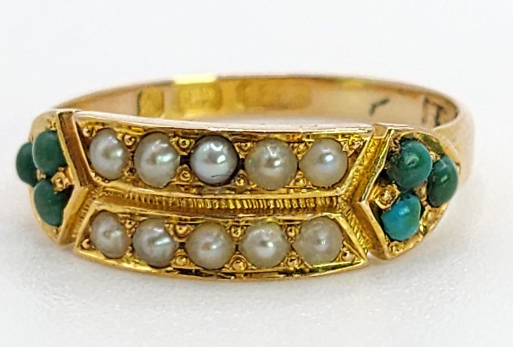 0365: Vintage; 9ct Gold Turquoise Seed Pearls  Tiered Ring- From 1948