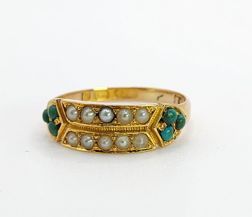 0365: Vintage; 9ct Gold Turquoise Seed Pearls  Tiered Ring- From 1948