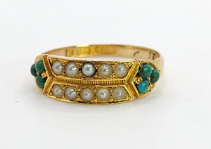 0365: Vintage; 9ct Gold Turquoise Seed Pearls  Tiered Ring- From 1948