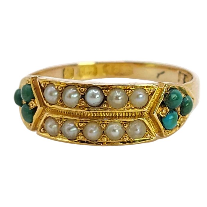 Vintage: 9ct Gold Turquoise & Seed Pearl Tiered Ring — From 1948