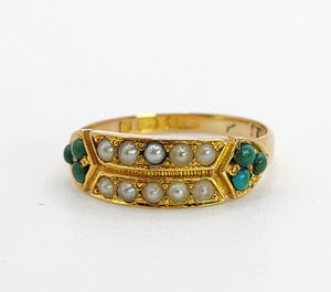 0365: Vintage; 9ct Gold Turquoise Seed Pearls  Tiered Ring- From 1948