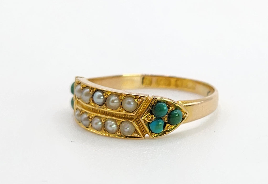 0365: Vintage; 9ct Gold Turquoise Seed Pearls  Tiered Ring- From 1948
