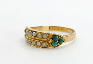 0365: Vintage; 9ct Gold Turquoise Seed Pearls  Tiered Ring- From 1948