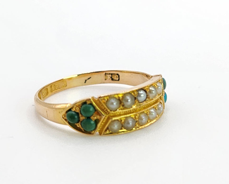 0365: Vintage; 9ct Gold Turquoise Seed Pearls  Tiered Ring- From 1948