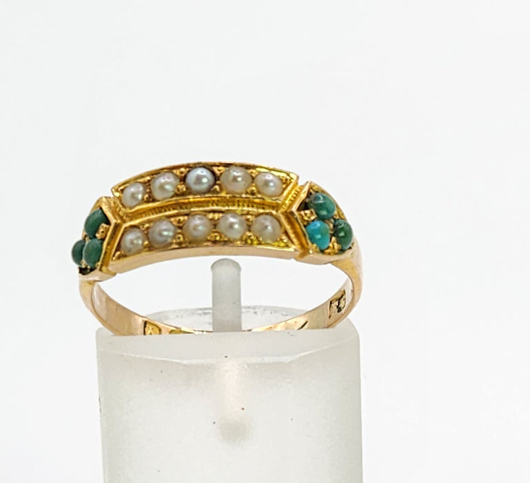 0365: Vintage; 9ct Gold Turquoise Seed Pearls  Tiered Ring- From 1948