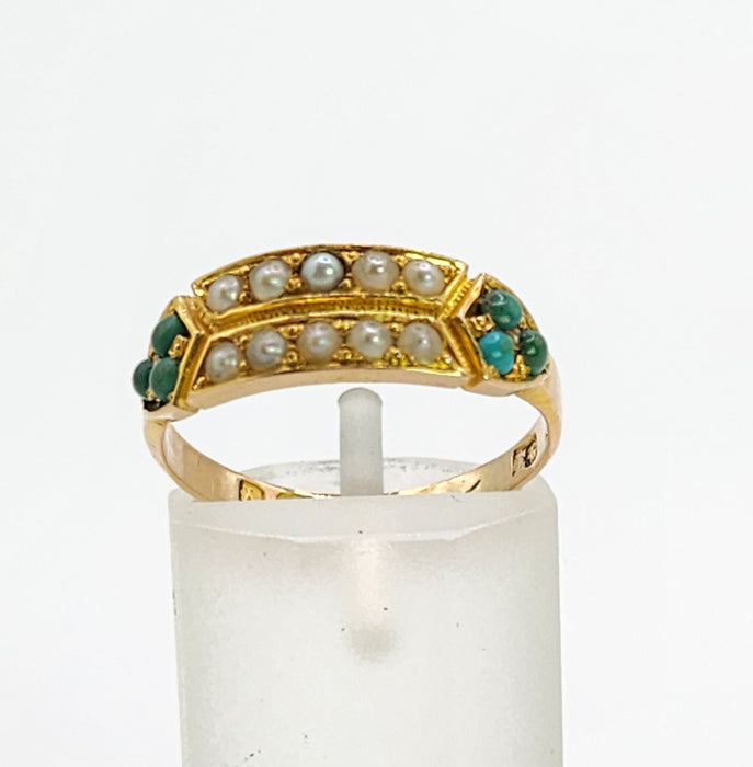 0365: Vintage; 9ct Gold Turquoise Seed Pearls  Tiered Ring- From 1948