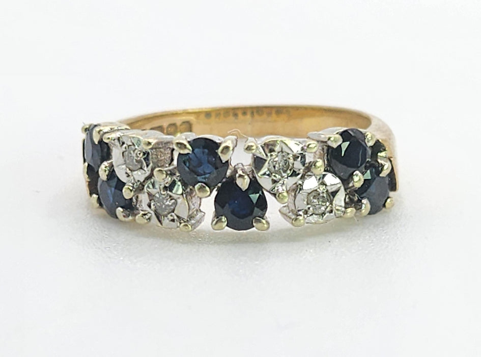 Vintage: Rare 9ct Yellow Gold Blue Sapphire & Diamond Tiered Dress Ring — From 1978