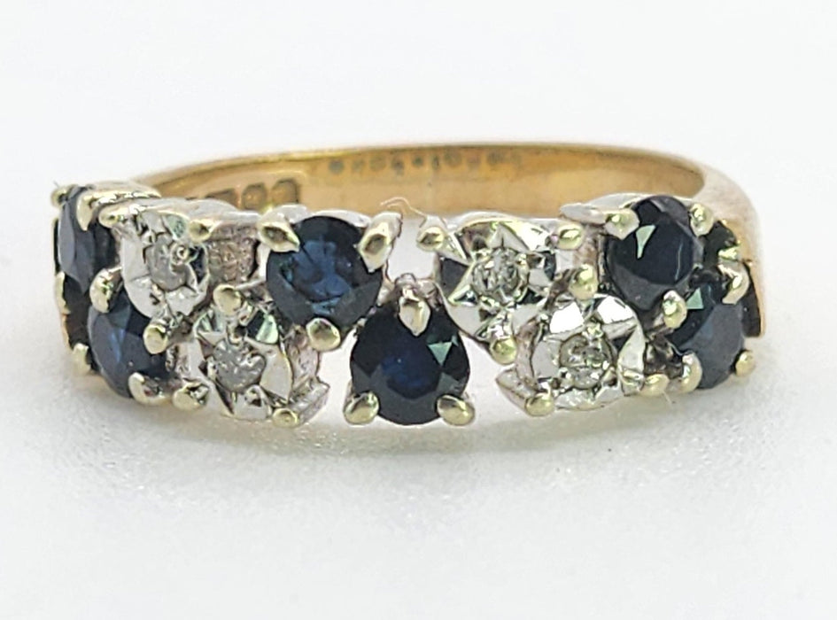 1532: Vintage: Rare 9ct Gold Blue Sapphires Tiered Dress Ring- exquisite