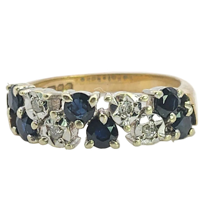 Vintage: Rare 9ct Yellow Gold Blue Sapphire & Diamond Tiered Dress Ring — From 1978