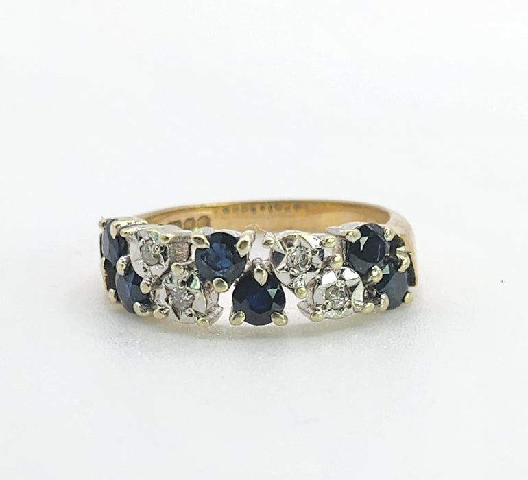 Vintage: Rare 9ct Yellow Gold Blue Sapphire & Diamond Tiered Dress Ring — From 1978