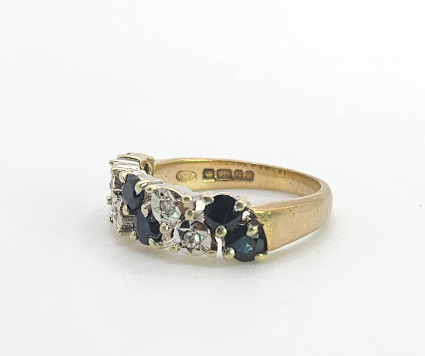 Vintage: Rare 9ct Yellow Gold Blue Sapphire & Diamond Tiered Dress Ring — From 1978