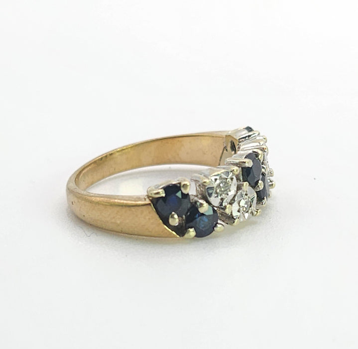 Vintage: Rare 9ct Yellow Gold Blue Sapphire & Diamond Tiered Dress Ring — From 1978