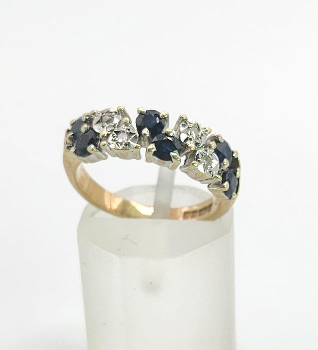 Vintage: Rare 9ct Yellow Gold Blue Sapphire & Diamond Tiered Dress Ring — From 1978