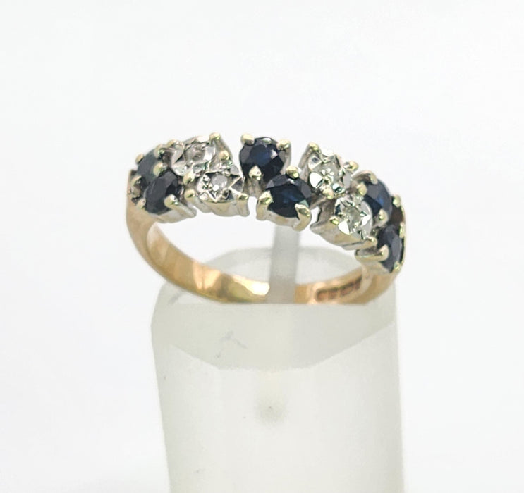 Vintage: Rare 9ct Yellow Gold Blue Sapphire & Diamond Tiered Dress Ring — From 1978