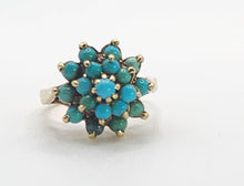 Load image into Gallery viewer, 1568: Vintage: Old 9ct Yellow Gold 19 Turquoises Floral Cluster Ring- exquisite
