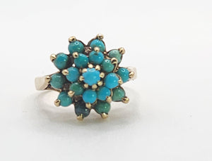 1568: Vintage: Old 9ct Yellow Gold 19 Turquoises Floral Cluster Ring- exquisite
