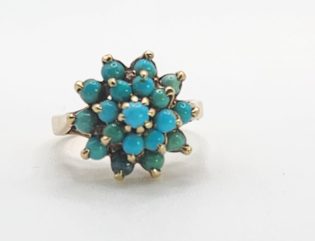 1568: Vintage: Old 9ct Yellow Gold 19 Turquoises Floral Cluster Ring- exquisite