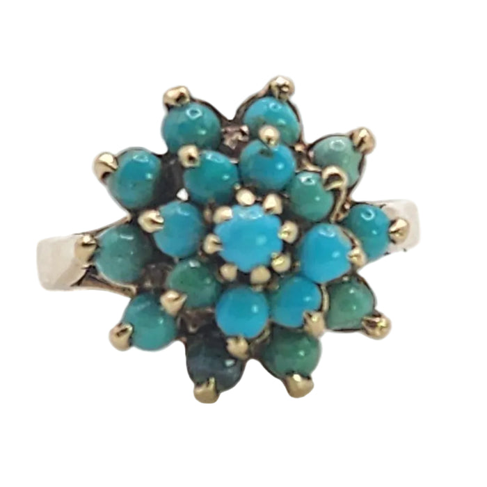 Vintage: 9ct Yellow Gold Nineteen Turquoise Floral Cluster Ring