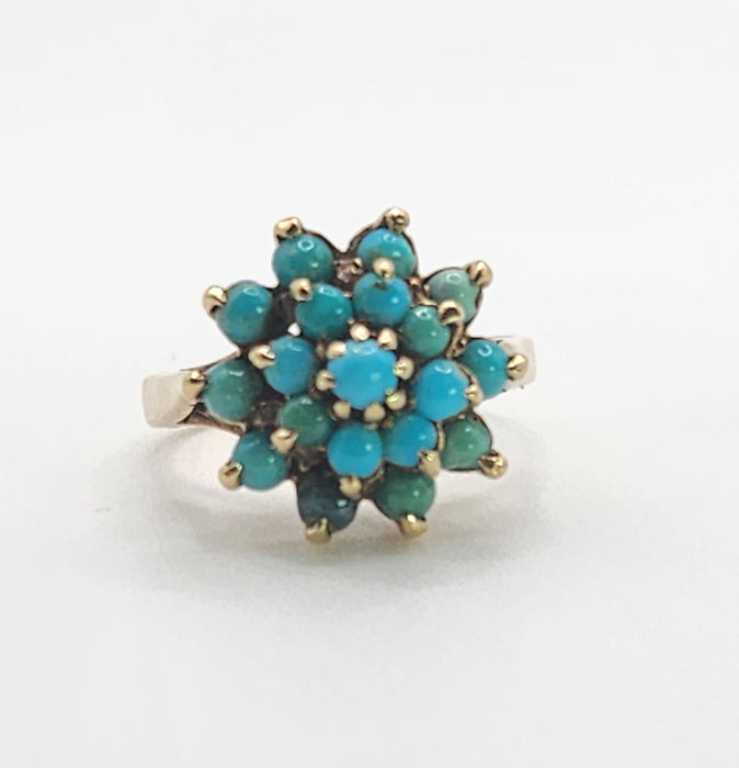 Vintage: 9ct Yellow Gold Nineteen Turquoise Floral Cluster Ring