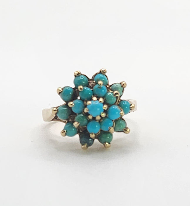 Vintage: 9ct Yellow Gold Nineteen Turquoise Floral Cluster Ring