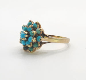 1568: Vintage: Old 9ct Yellow Gold 19 Turquoises Floral Cluster Ring- exquisite