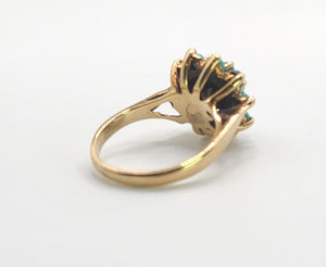 1568: Vintage: Old 9ct Yellow Gold 19 Turquoises Floral Cluster Ring- exquisite