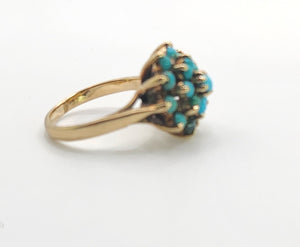 1568: Vintage: Old 9ct Yellow Gold 19 Turquoises Floral Cluster Ring- exquisite
