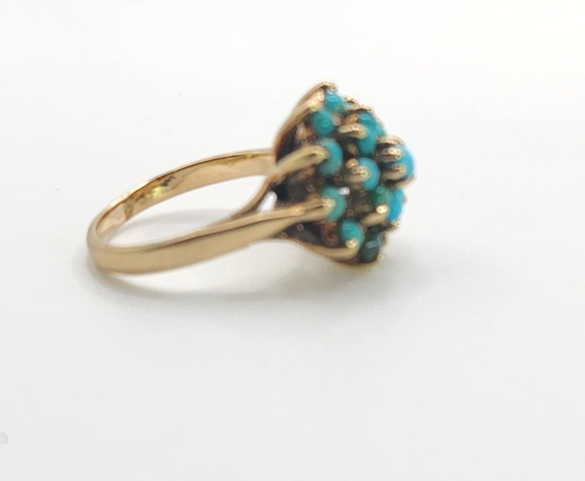 Vintage: 9ct Yellow Gold Nineteen Turquoise Floral Cluster Ring