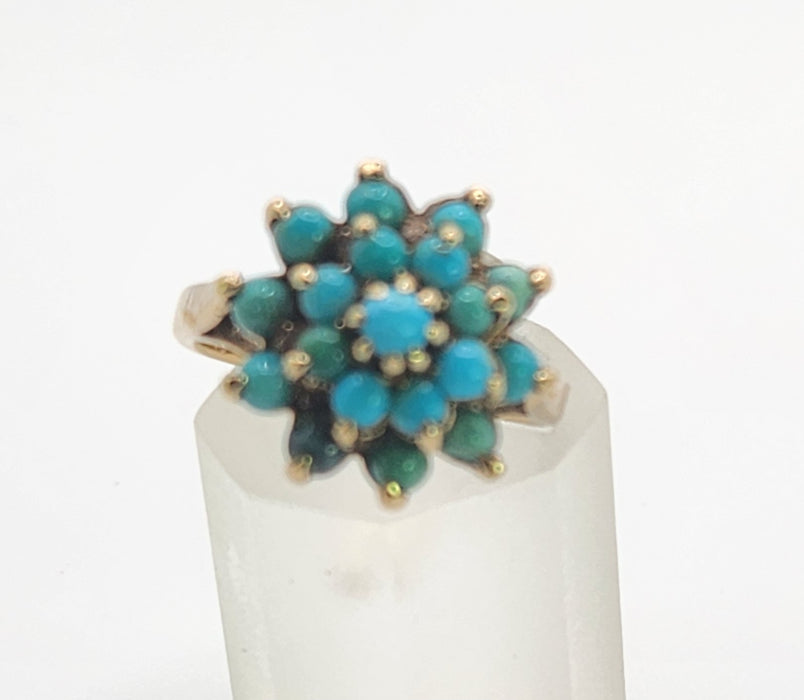 Vintage: 9ct Yellow Gold Nineteen Turquoise Floral Cluster Ring
