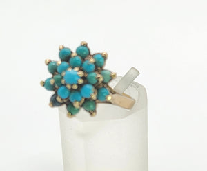 1568: Vintage: Old 9ct Yellow Gold 19 Turquoises Floral Cluster Ring- exquisite