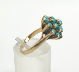 1568: Vintage: Old 9ct Yellow Gold 19 Turquoises Floral Cluster Ring- exquisite