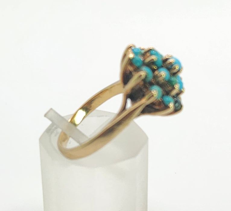 Vintage: 9ct Yellow Gold Nineteen Turquoise Floral Cluster Ring