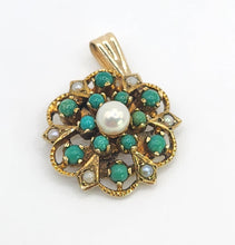 Load image into Gallery viewer, 1595: Vintage: 9ct Gold Turquoise Pearl Floral Pendant -From 1972
