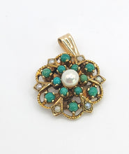 Load image into Gallery viewer, 1595: Vintage: 9ct Gold Turquoise Pearl Floral Pendant -From 1972
