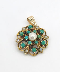 1595: Vintage: 9ct Gold Turquoise Pearl Floral Pendant -From 1972