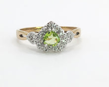 Cargar imagen en el visor de la galería, 1631: Vintage: 9ct Gold Heart-Cut Peridot 14 Diamonds Cluster Ring- Lush, sparkling, beauty
