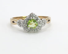 Cargar imagen en el visor de la galería, 1631: Vintage: 9ct Gold Heart-Cut Peridot 14 Diamonds Cluster Ring- Lush, sparkling, beauty
